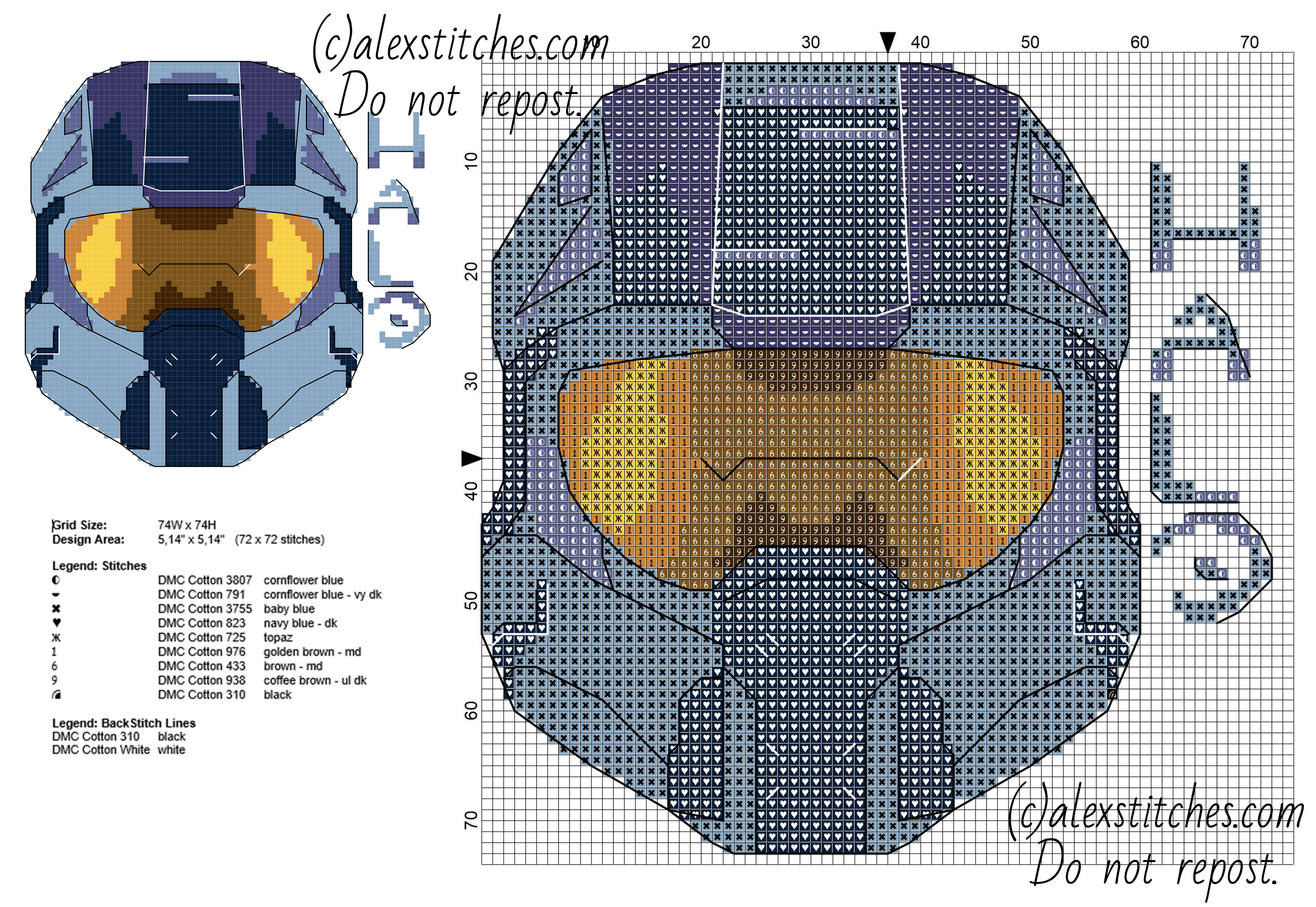 Halo xbox 360 one videogame Master Chief helmet free cross stitch pattern 72 x 72 stitches 9 DMC threads colors