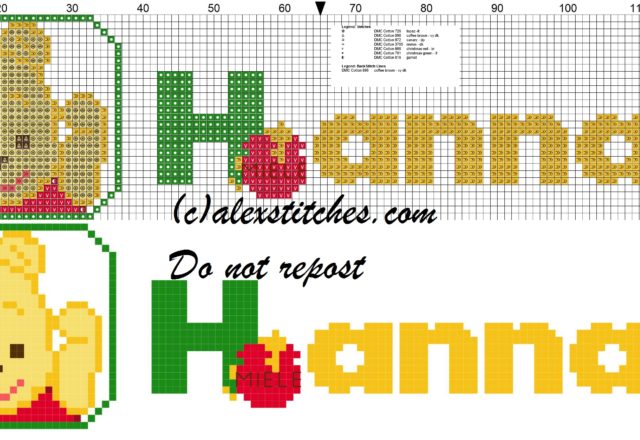 Hannah name with Baby winnie the pooh free cross stitches pattern
