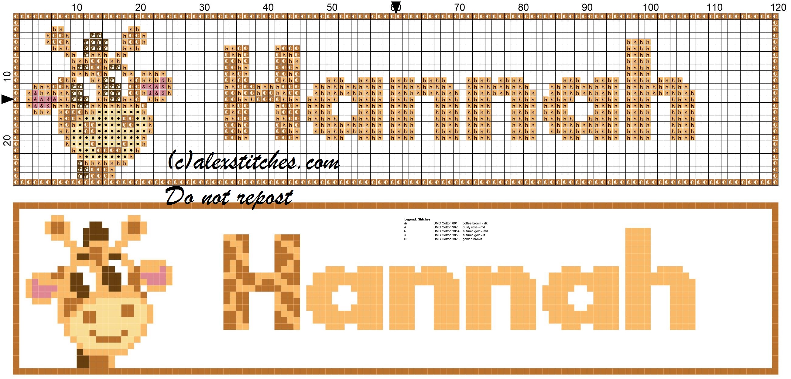Hannah name with giraffe cross stitch pattern