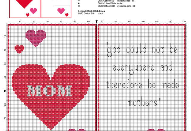 Happy Mother’ s Day cross stitch pattern card with hearts and sentence free download