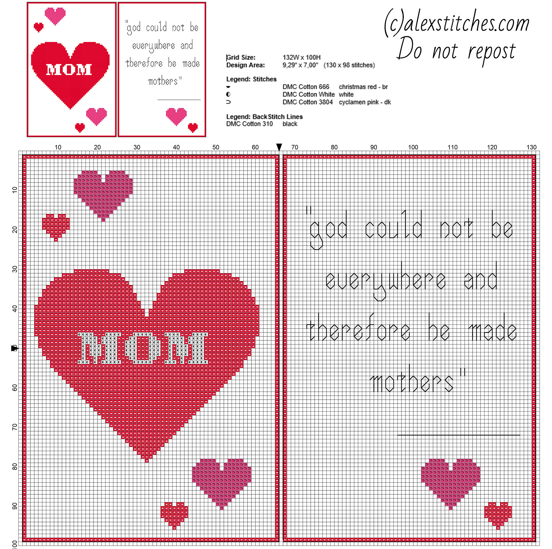 Happy Mother’ s Day cross stitch pattern card with hearts and sentence free download