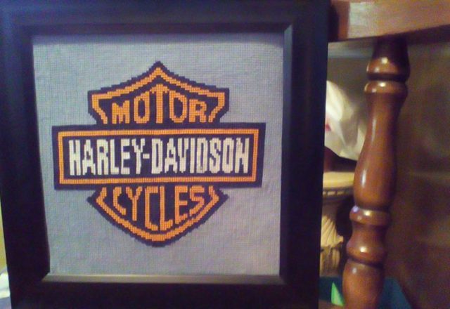 Harley Davidson logo cross stitch work photo author Facebook Fan Debby Pittman 2 framed