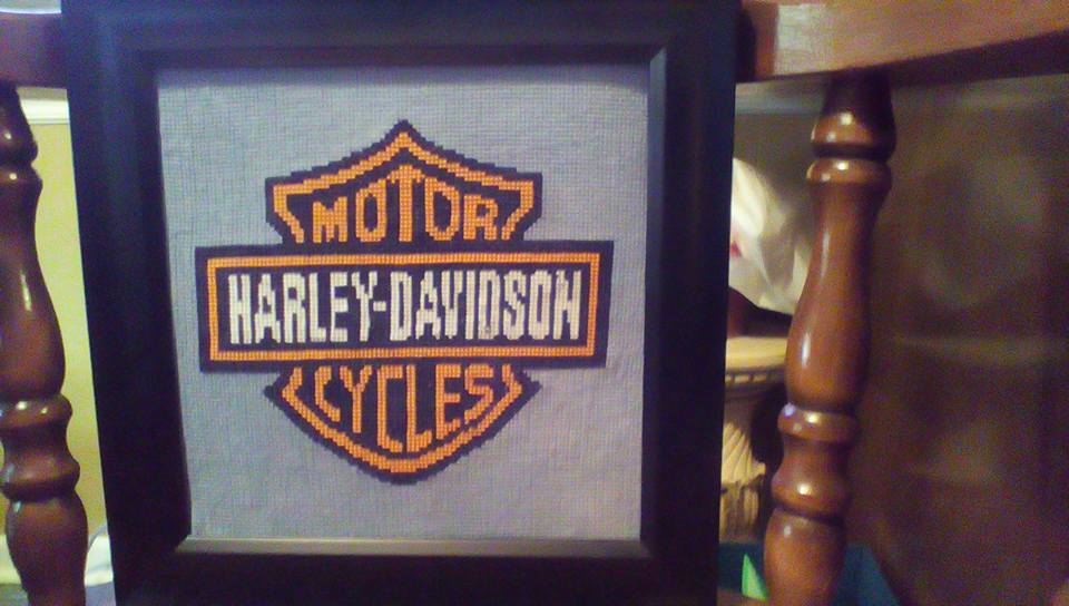 Harley Davidson logo cross stitch work photo author Facebook Fan Debby Pittman 2 framed