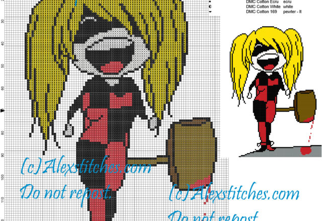 Harley Quinn (Batman) cross stitch pattern 100x140 8 colors