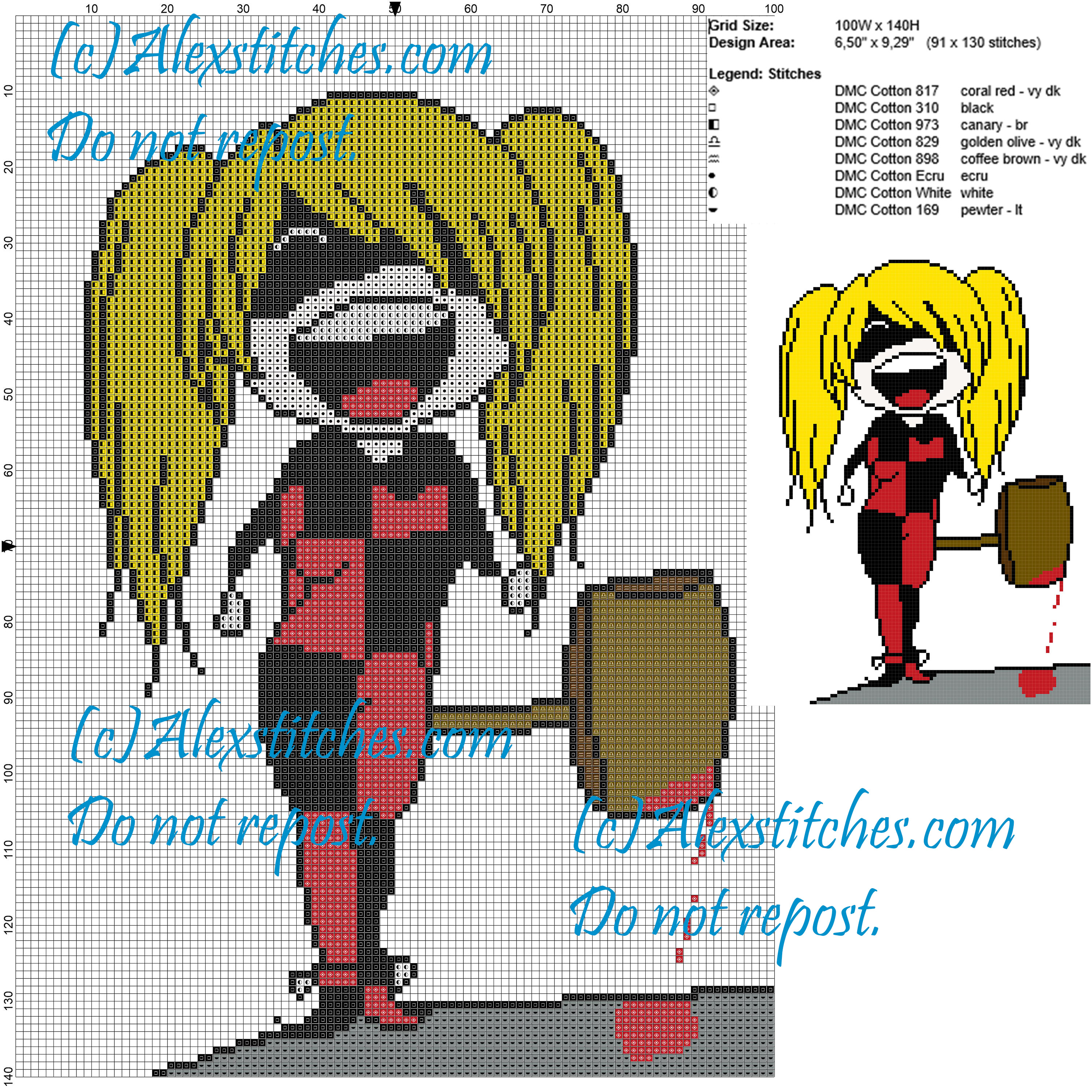 Harley Quinn (Batman) cross stitch pattern 100x140 8 colors