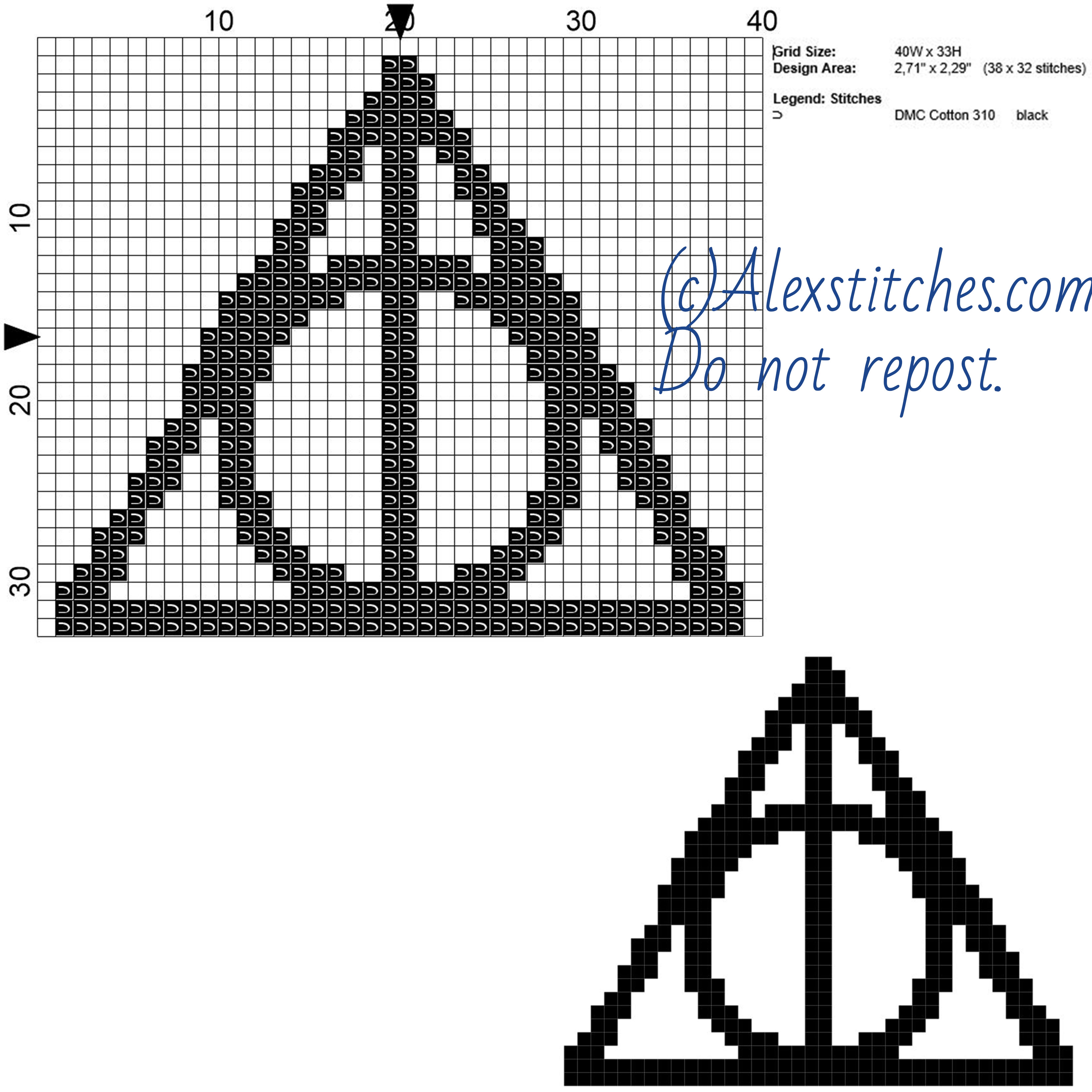 Harry Potter deathly hallows symbol free cross stitch pattern 40x33 1 color  - free cross stitch patterns by Alex