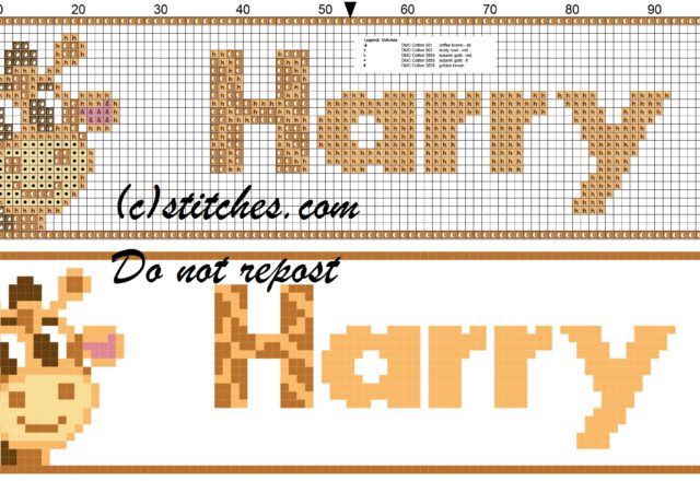 Harry name with giraffe cross stitch pattern