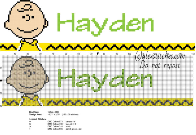 Hayden cross stitch baby male name with Charlie Brown Peanuts