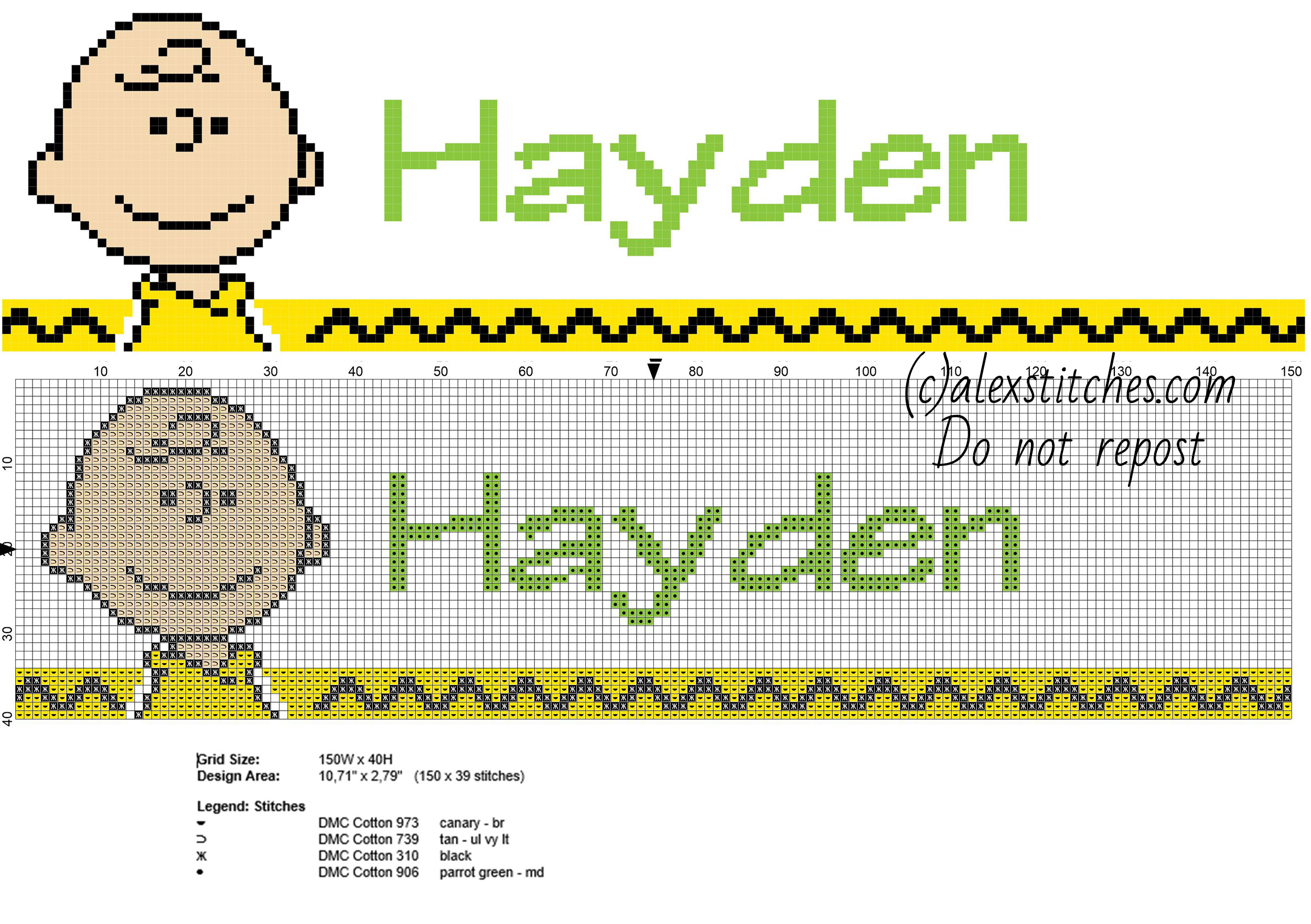 Hayden cross stitch baby male name with Charlie Brown Peanuts