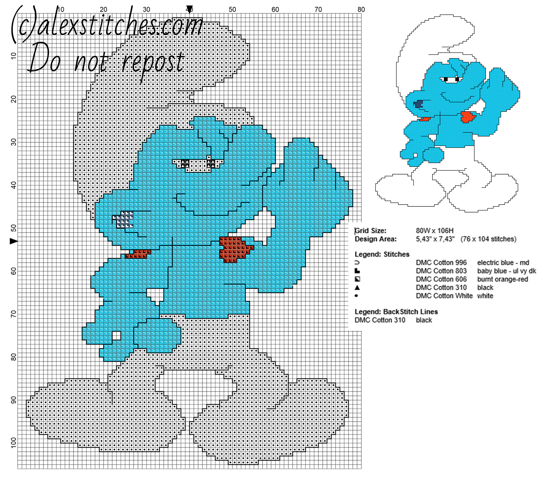 Hefty Smurf from The Smurfs cartoons free cross stitch pattern 76 x 104 stitches 5 DMC threads
