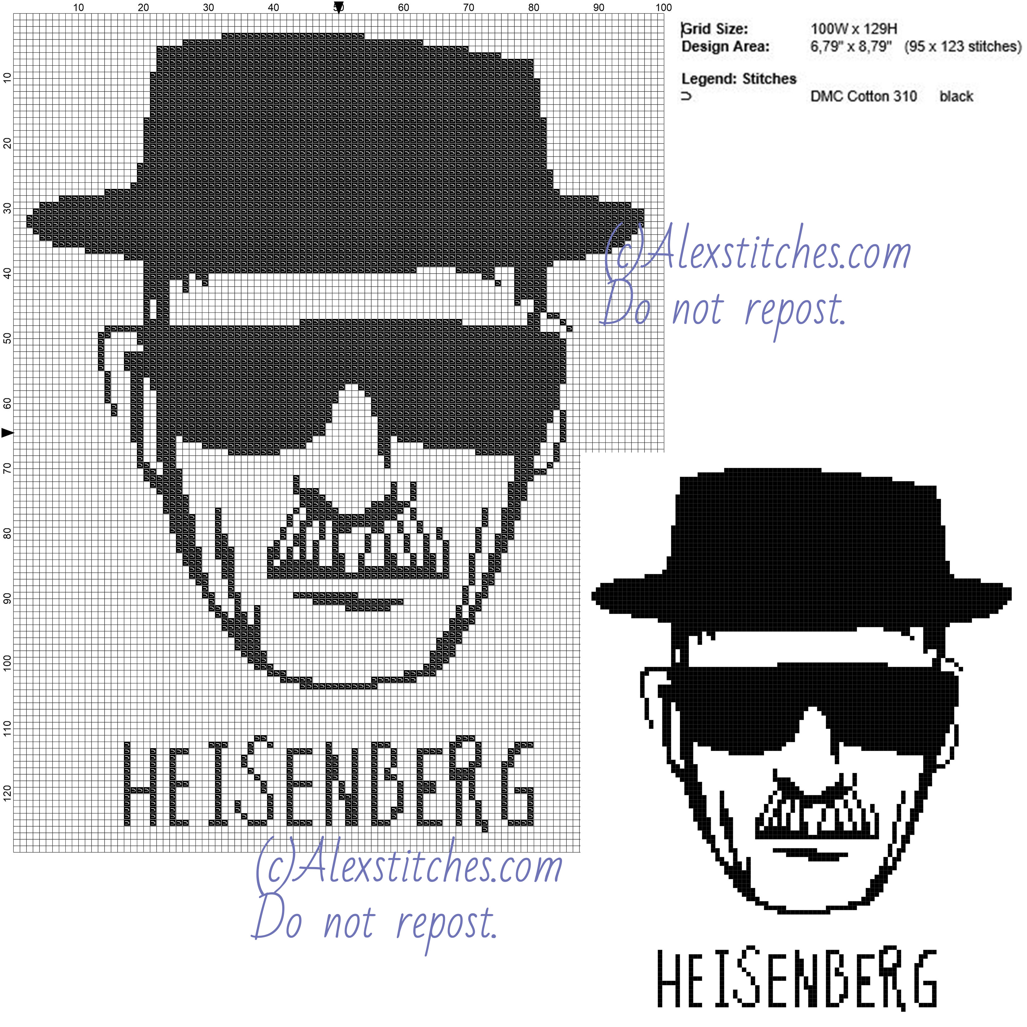 Heisenberg Breaking Bad free cross stitch pattern 100x129 1 color