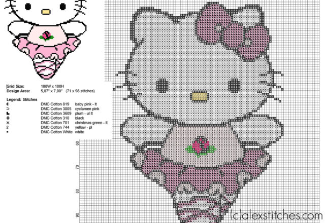Hello Kitty dancer free cross stitch pattern 71 x 98 stitches 7 DMC threads