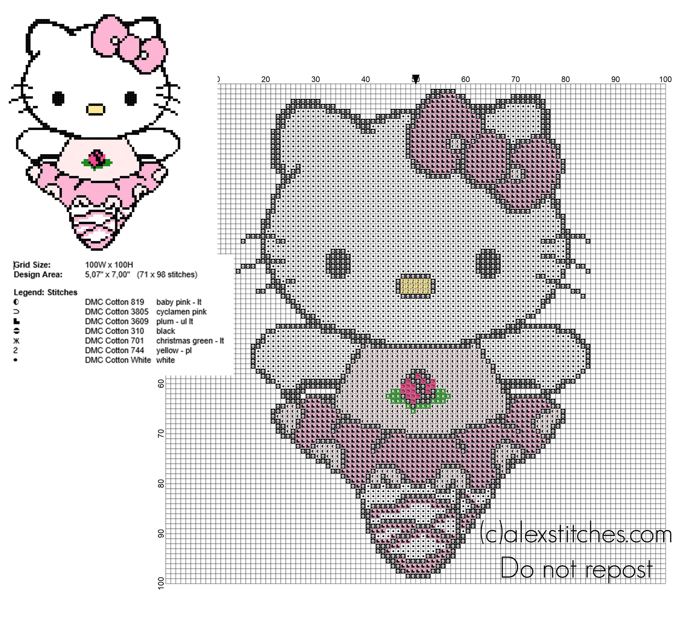 Hello Kitty dancer free cross stitch pattern 71 x 98 stitches 7 DMC threads