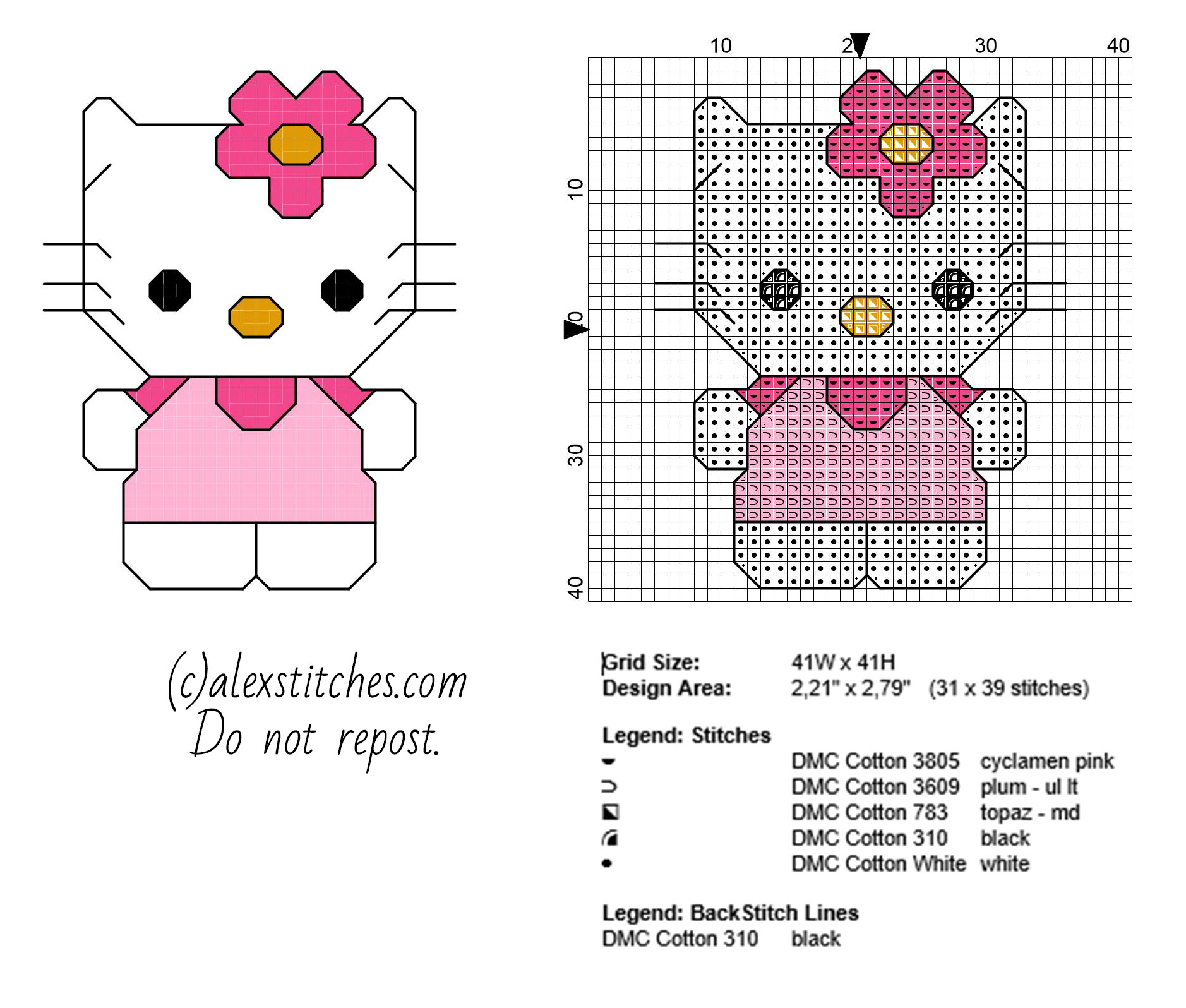 Hello Kitty small cross stitch pattern in 40 stitches with backstitch use