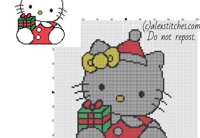 Hello Kitty with Christmas present free cross stitch pattern size 70 x 91 stitches and 6 DMC threads