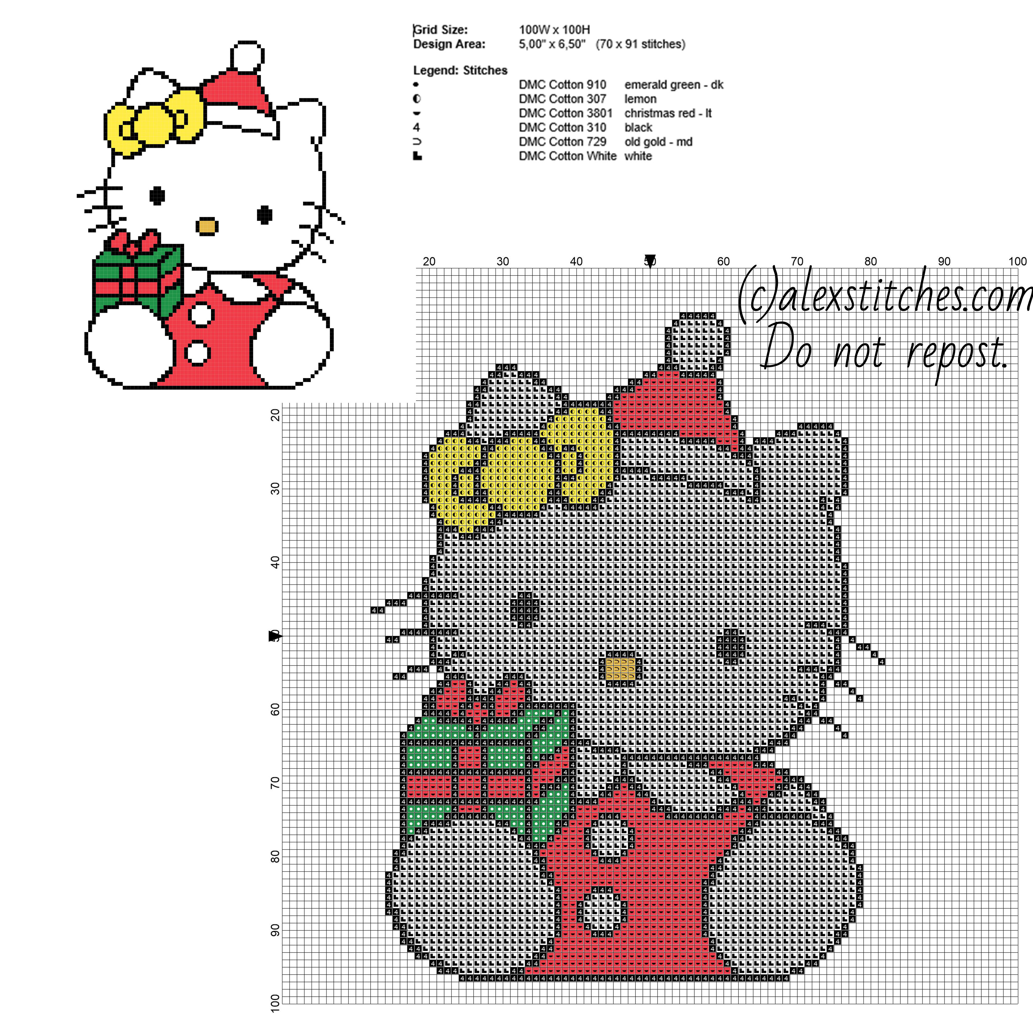 Hello Kitty with Christmas present free cross stitch pattern size 70 x 91 stitches and 6 DMC threads