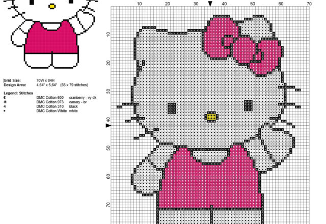 Hello Kitty with purple dress free cross stitch pattern 65 x 79 stitches 4 DMC colors threads