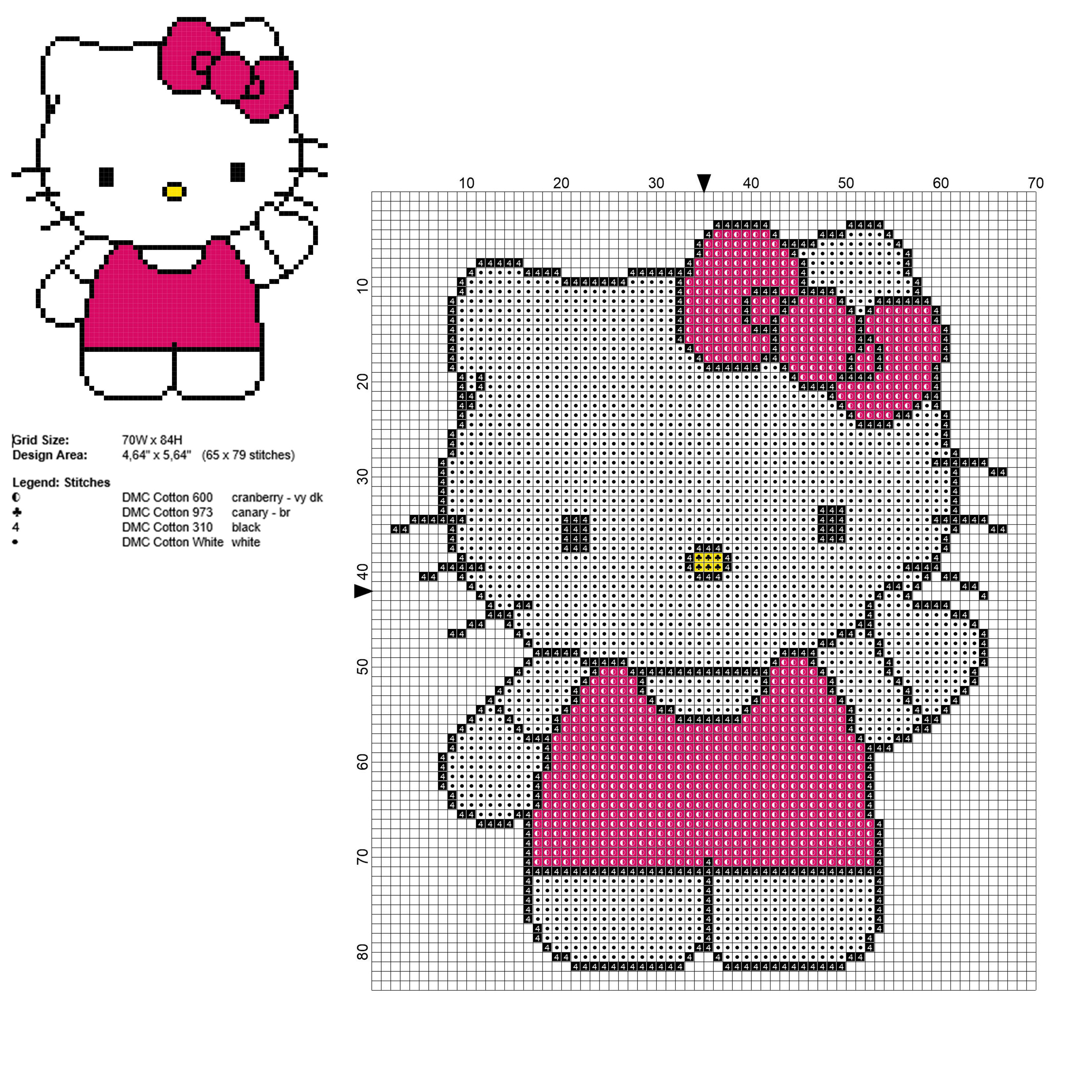 Hello Kitty with purple dress free cross stitch pattern 65 x 79 stitches 4 DMC colors threads