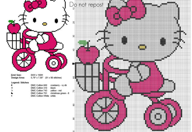 Hello Kitty with the tricycle free cross stitch pattern