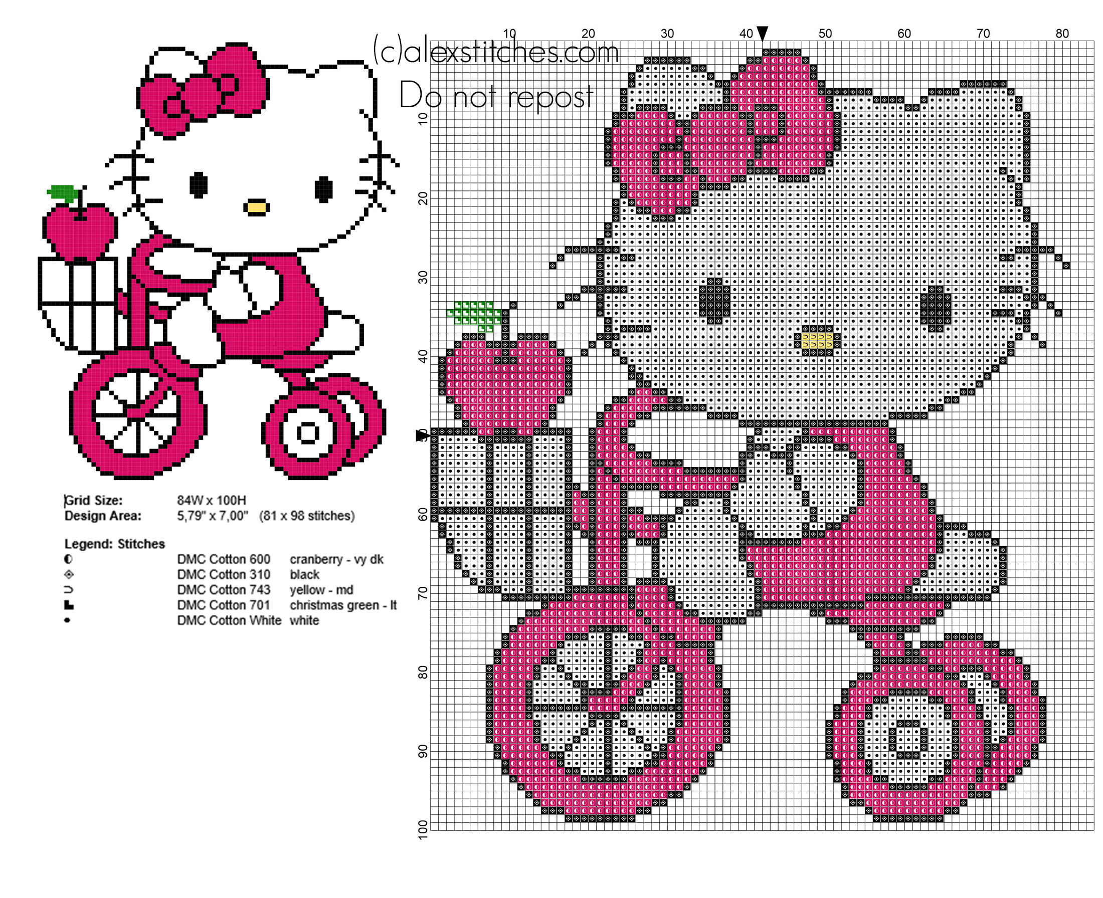 Hello Kitty with the tricycle free cross stitch pattern