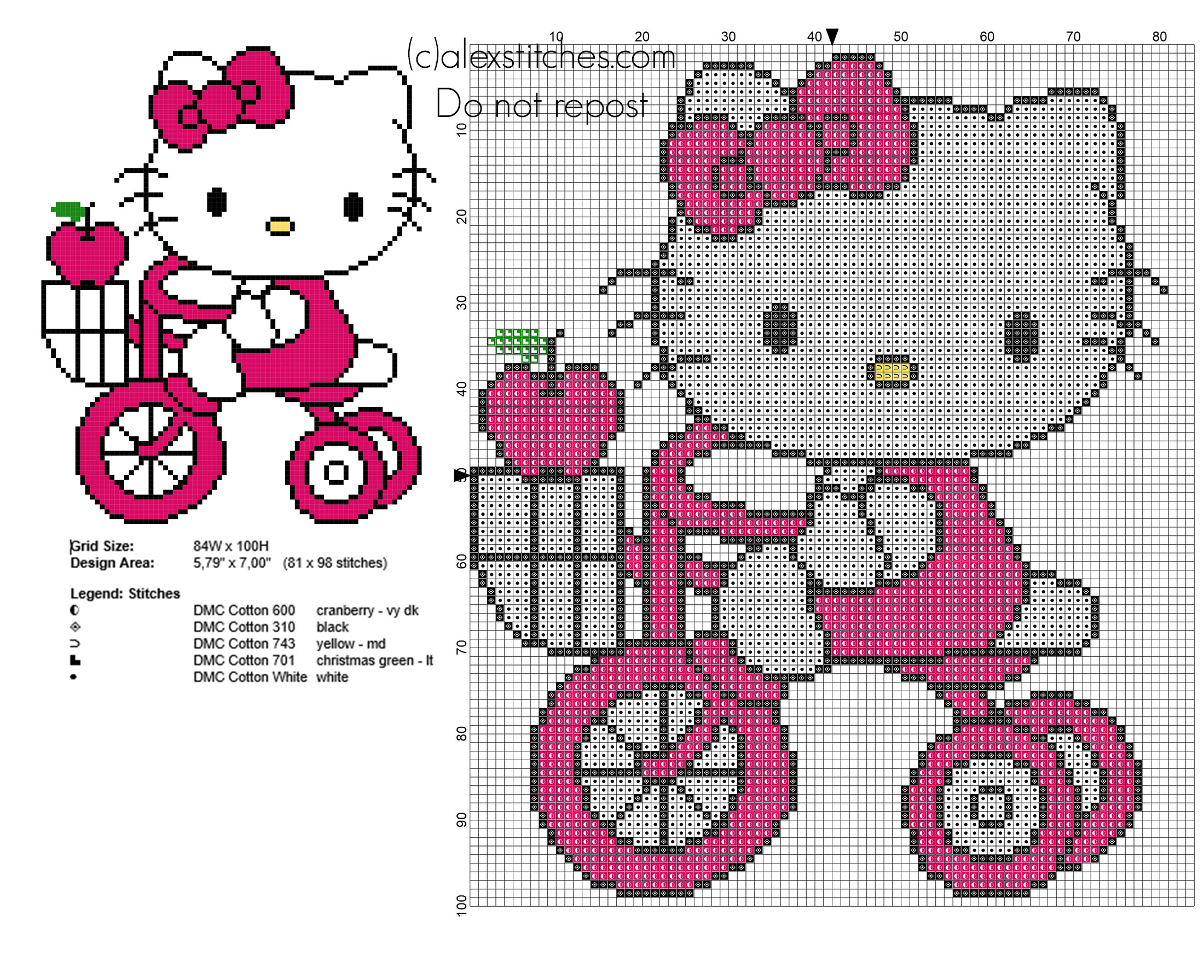 Hello Kitty with the tricycle free cross stitch pattern - free cross stitch  patterns by Alex