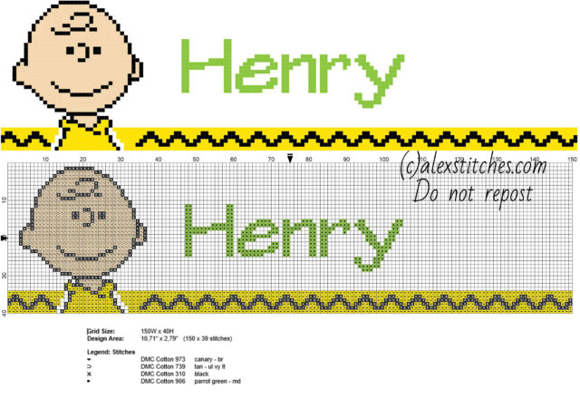 Henry cross stitch baby male name with Peanuts Charlie Brown