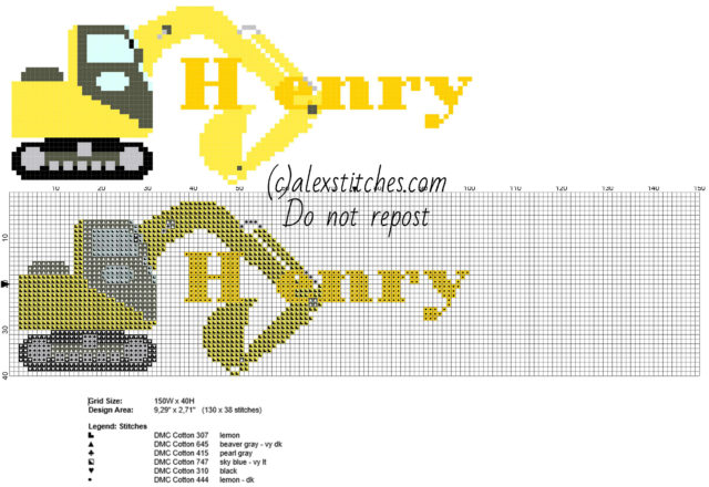 Henry cross stitch baby male name with excavator