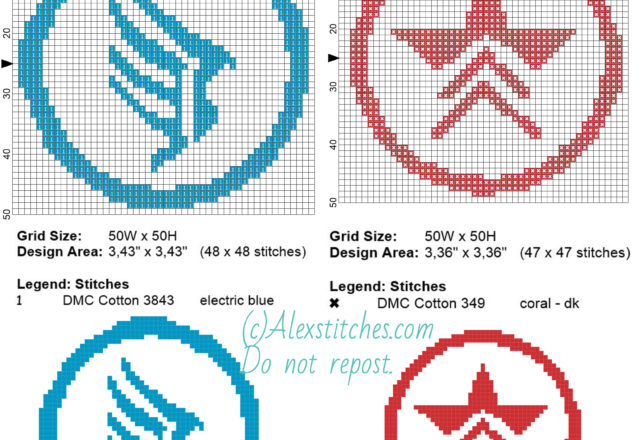 Hero or Ruthless symbols of Mass Effect free cross stitch pattern 50x50 2 colors