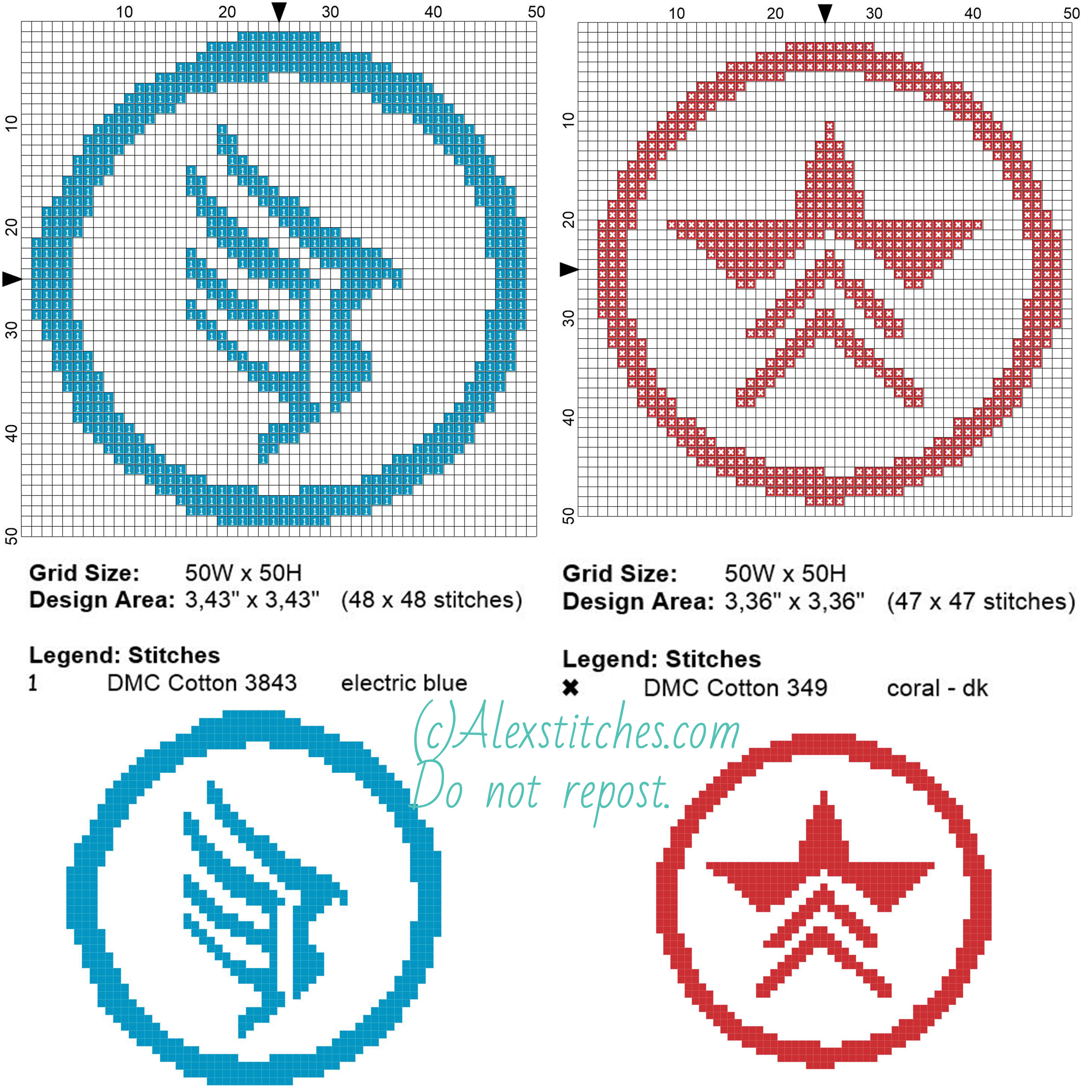 Hero or Ruthless symbols of Mass Effect free cross stitch pattern 50x50 2 colors