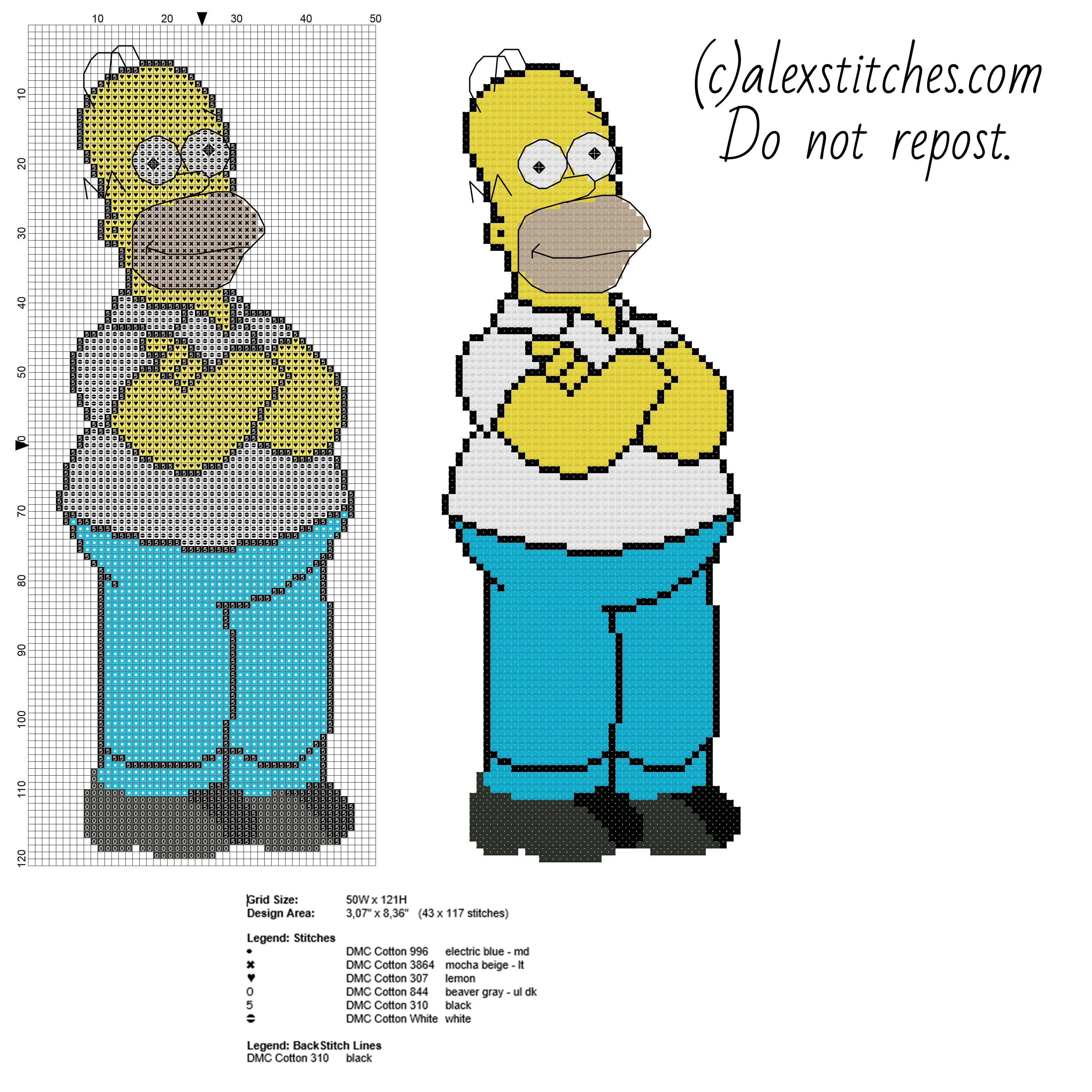 Homer Simpson cartoon character free cross stitch pattern