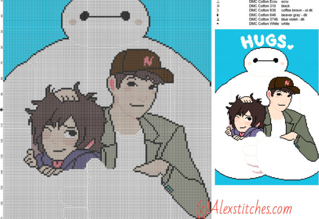 Hugs Baymax free cross stitch pattern 133x200 12 colors