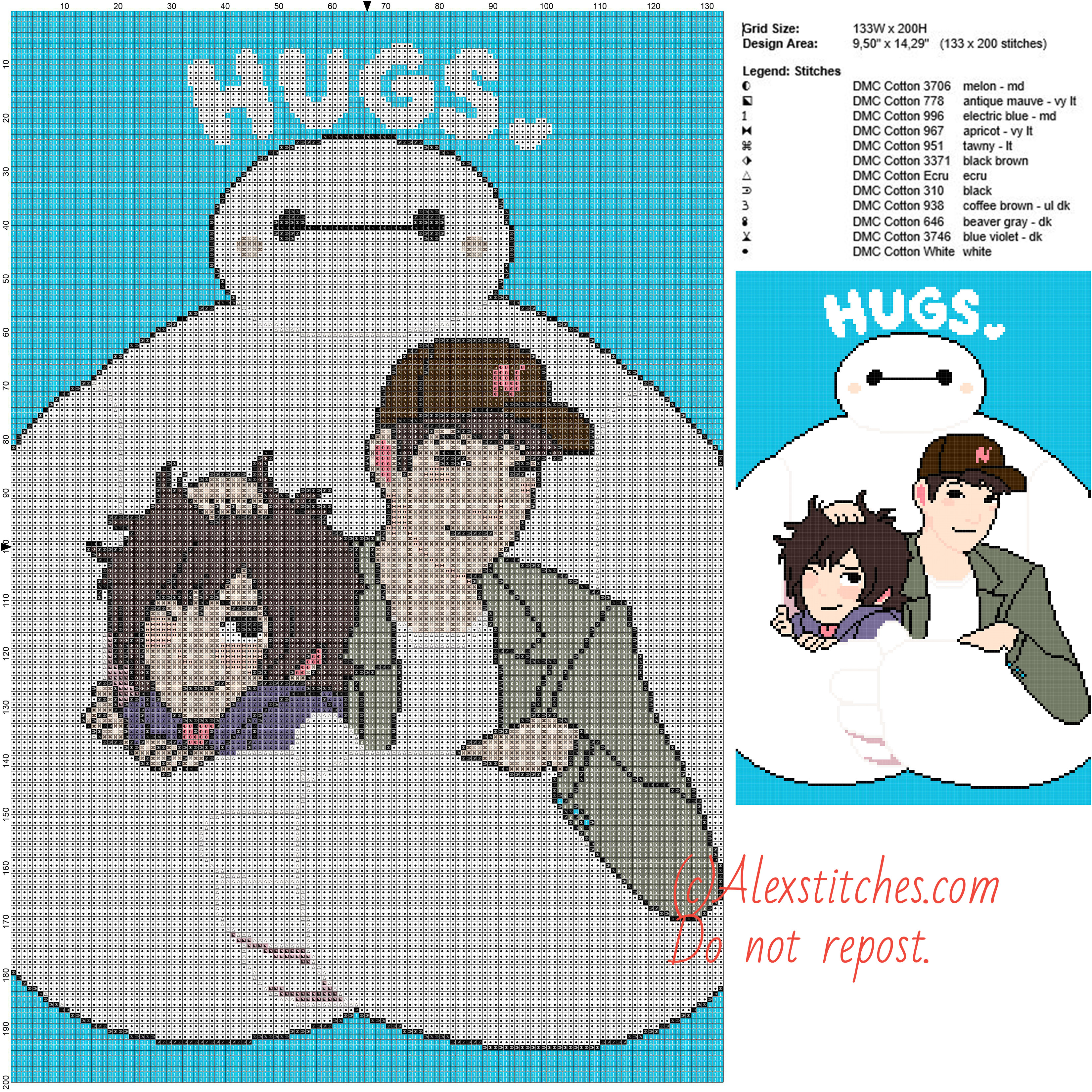 Hugs Baymax free cross stitch pattern 133x200 12 colors