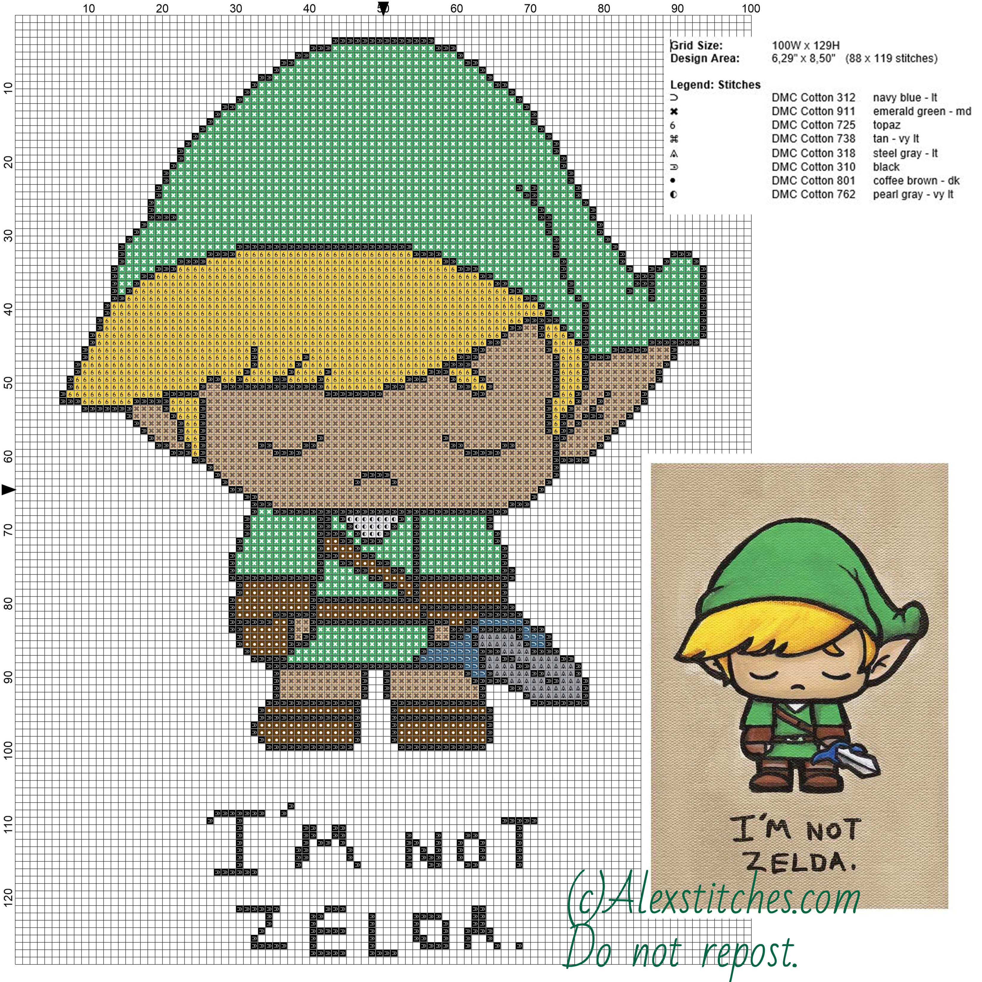 I’ m not Zelda (The Legend of Zelda) free cross stitch pattern 100x129 8 colors