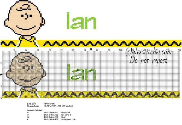 Ian cross stitch baby male name with Peanuts Charlie Brown