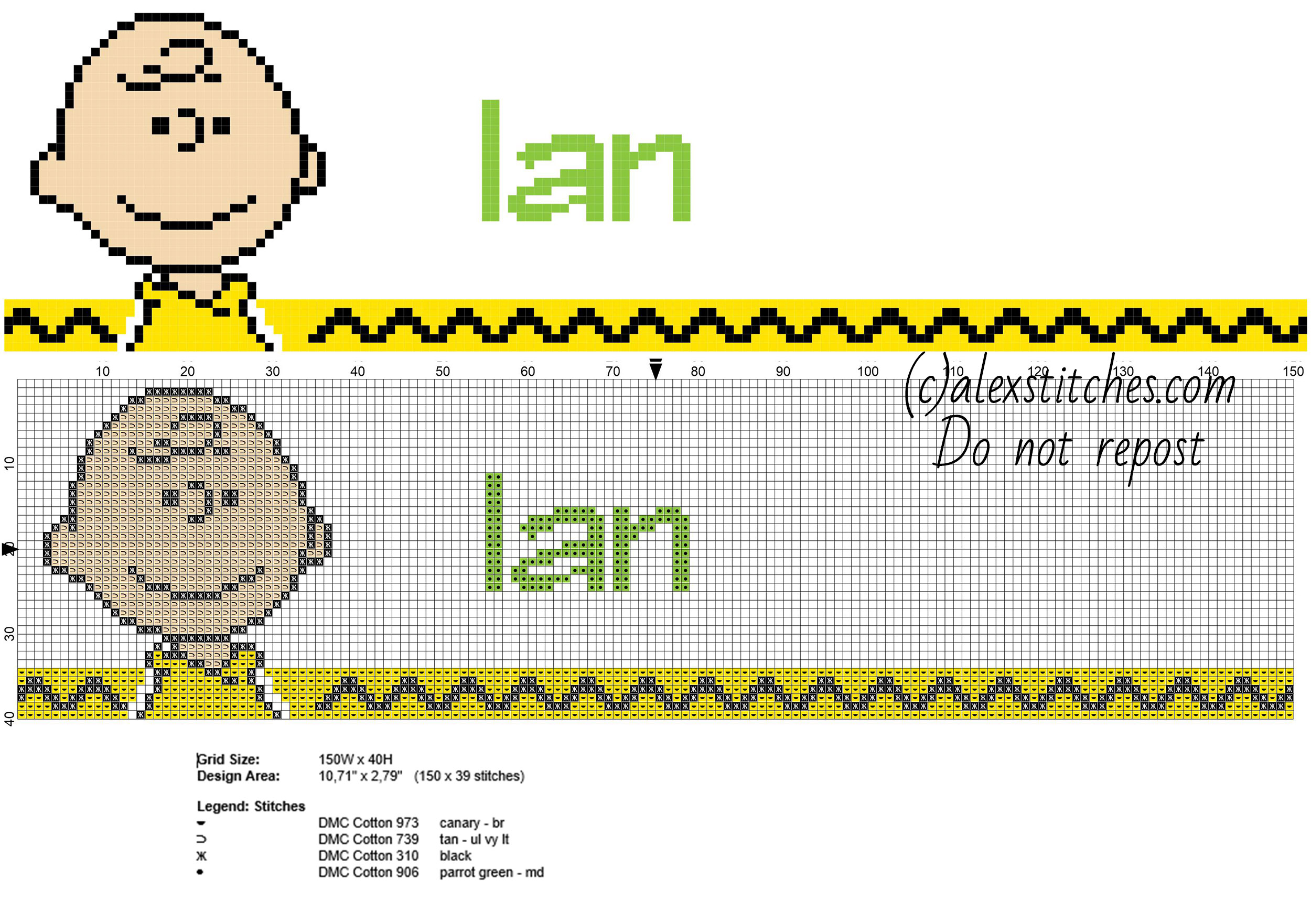 Ian cross stitch baby male name with Peanuts Charlie Brown