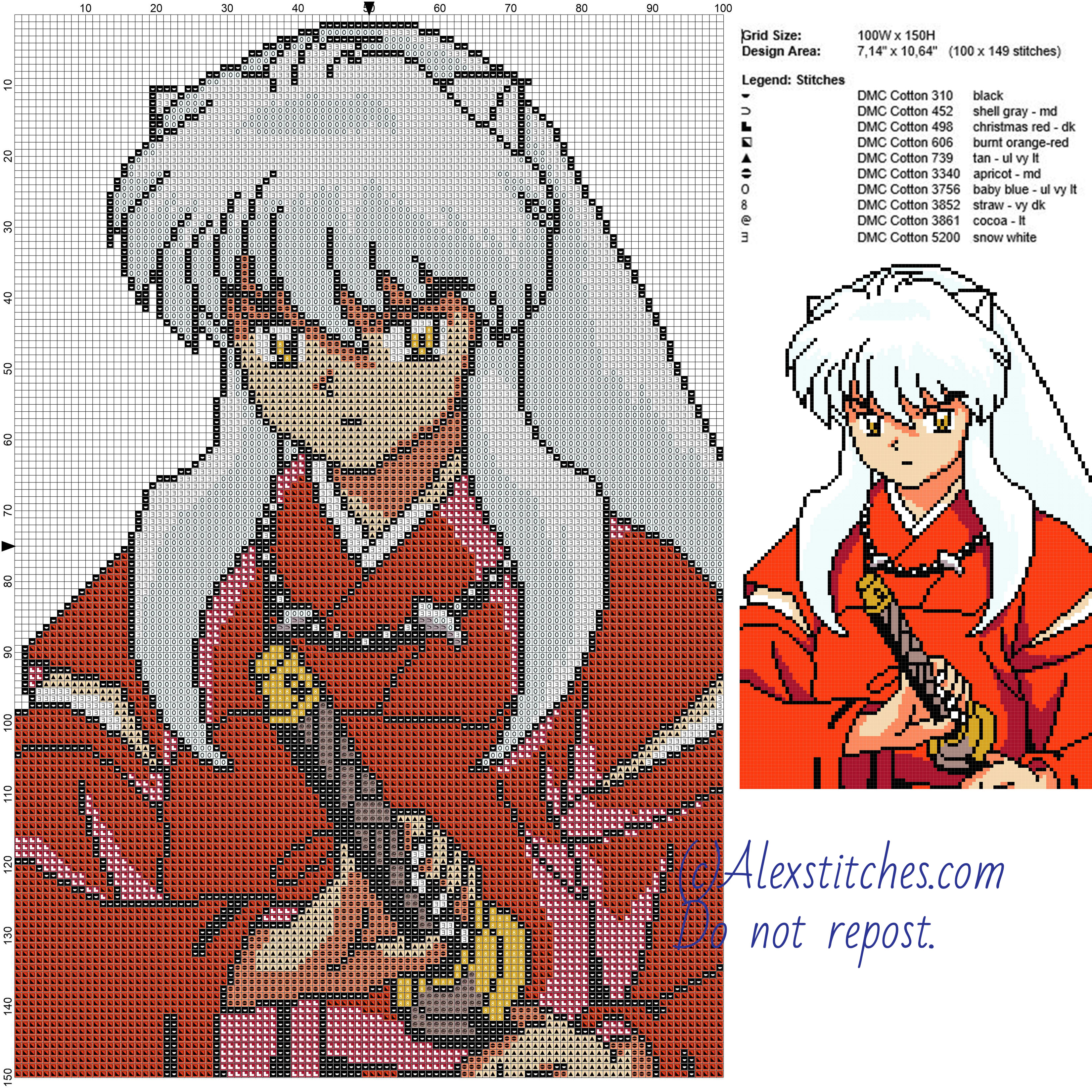 Inuyasha free cross stitch pattern 100x150 10 colors