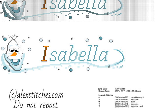 Isabella cross stitch baby female name with Olaf character from Disney Frozen cartoon