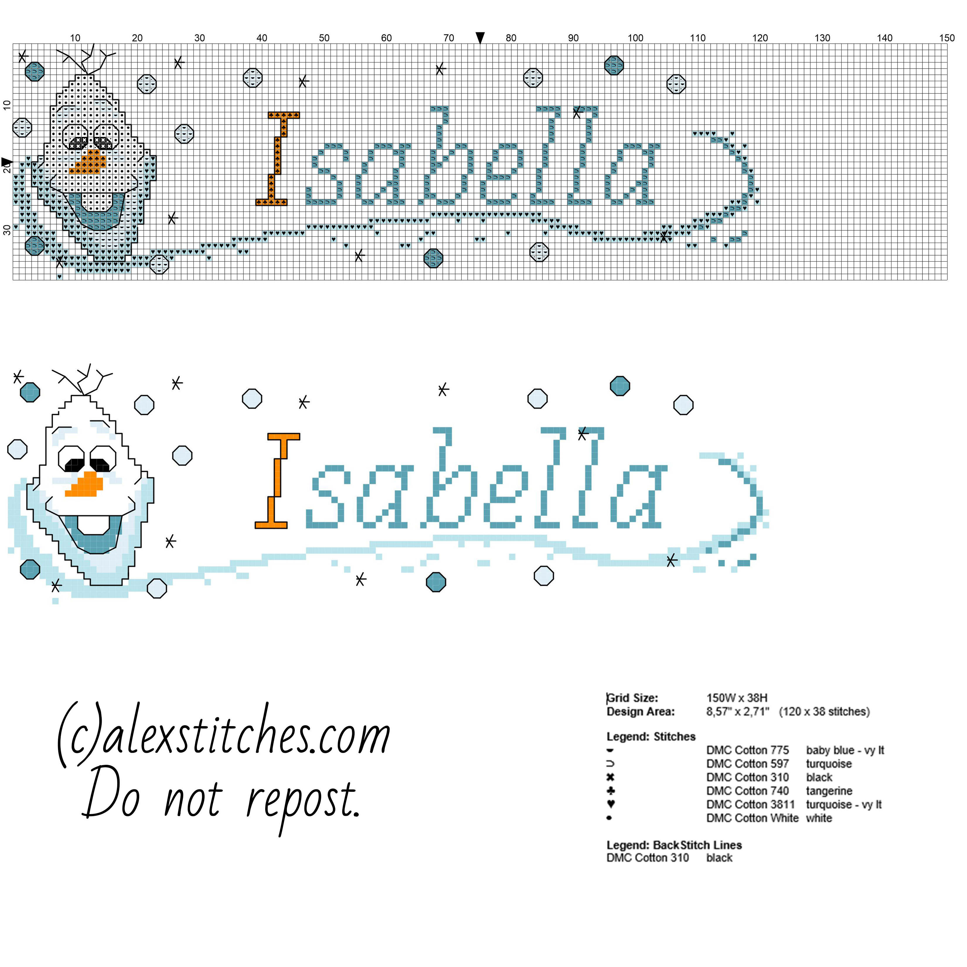 Isabella cross stitch baby female name with Olaf character from Disney Frozen cartoon