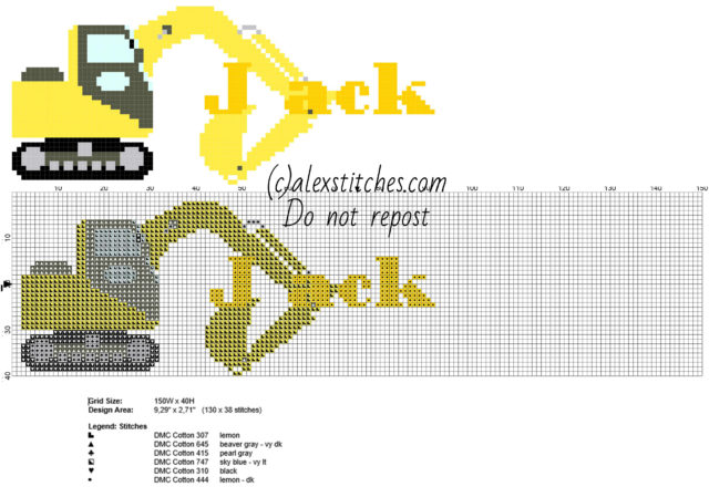 Jack cross stitch baby male name with the excavator