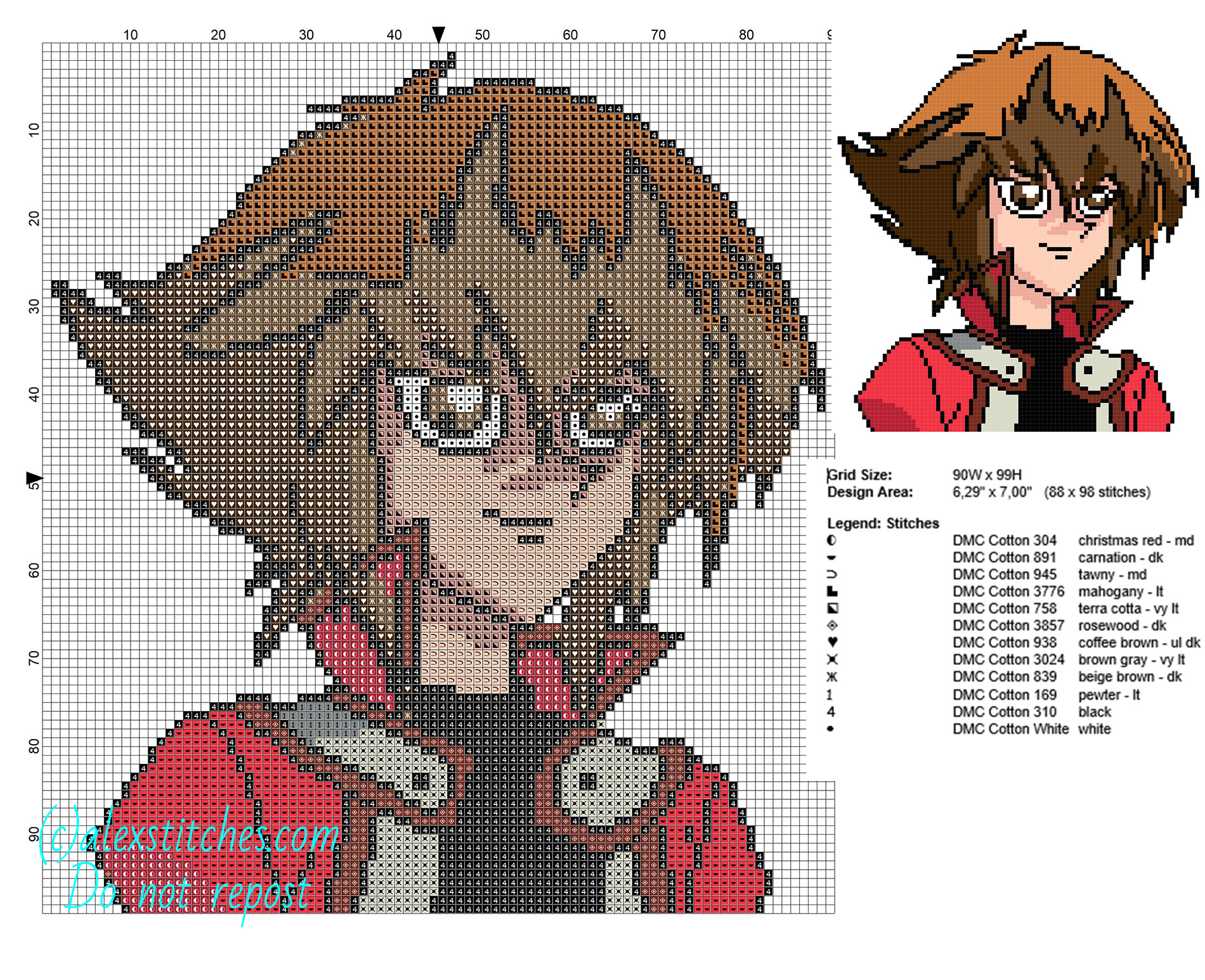 Jaden Yuki Yu Gi Oh character free cross stitch patterns