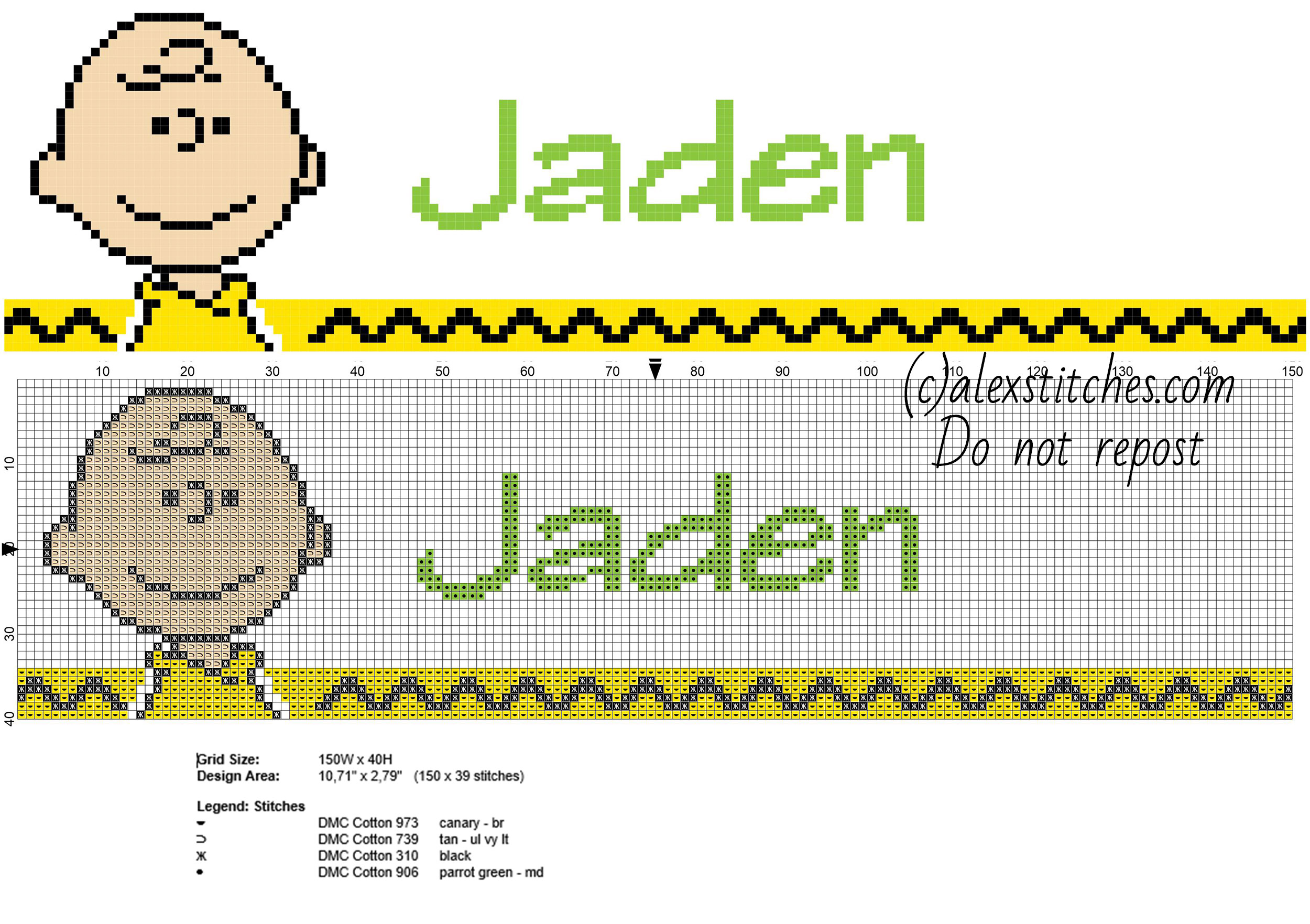 Jaden cross stitch baby male name with Peanuts Charlie Brown