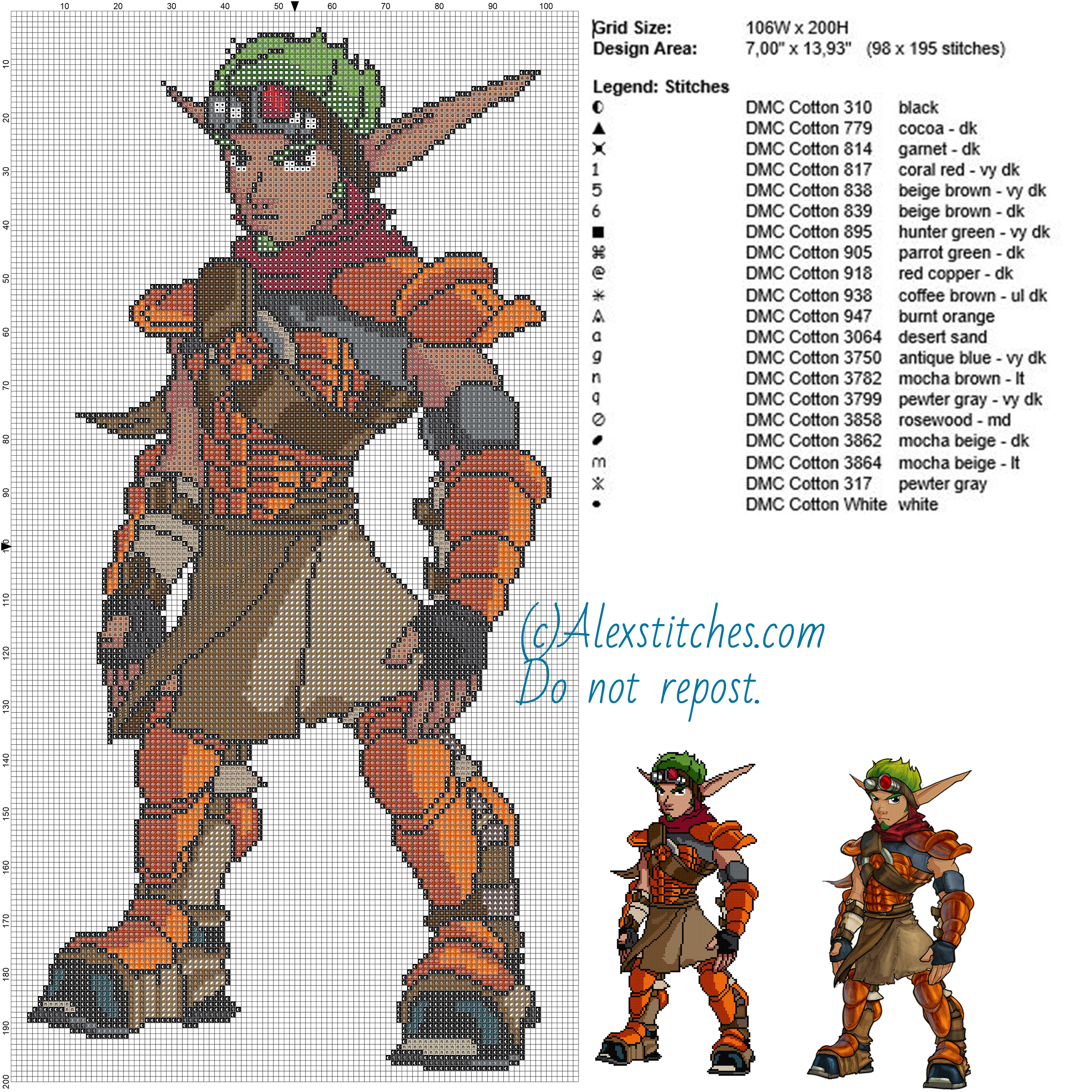 Jak 2 (Jak and Daxter) free cross stitch pattern 106x200 20 colors