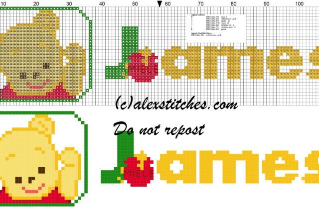 James name with Baby winnie the pooh free cross stitches pattern