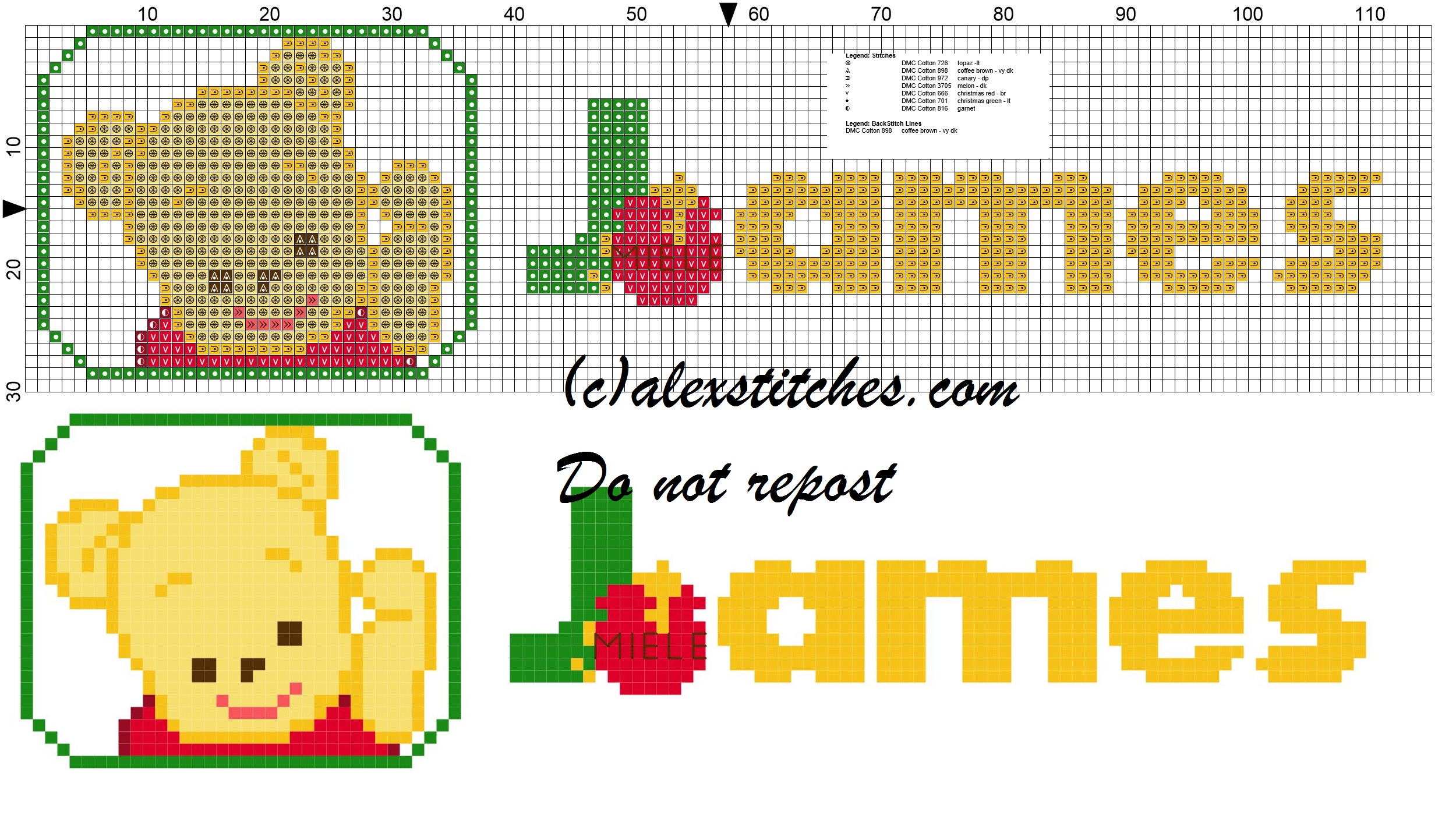James name with Baby winnie the pooh free cross stitches pattern