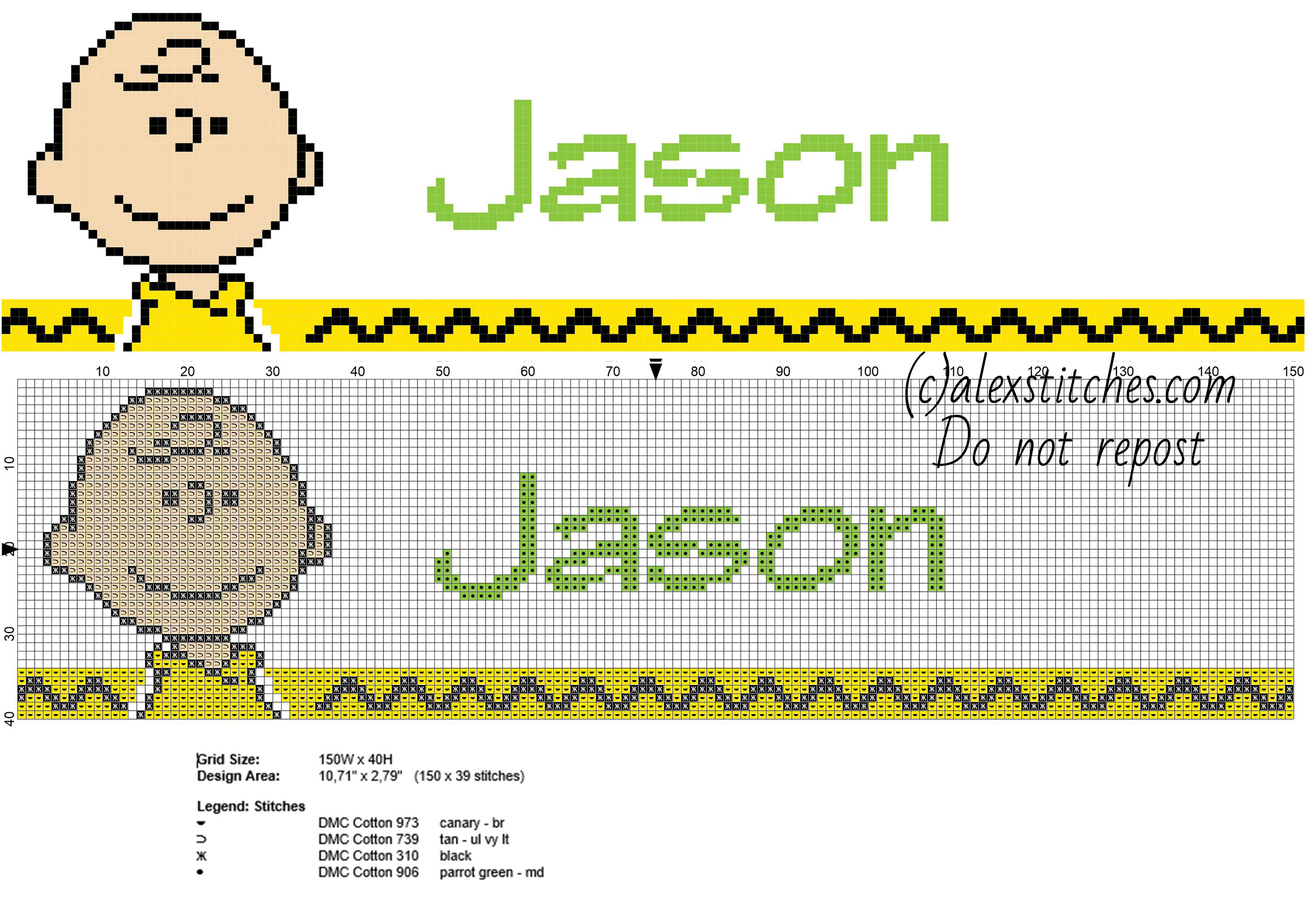 Jason cross stitch baby male name with Charlie Brown Peanuts