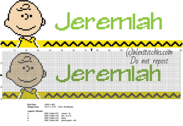 Jeremiah cross stitch baby male name with Peanuts Charlie Brown