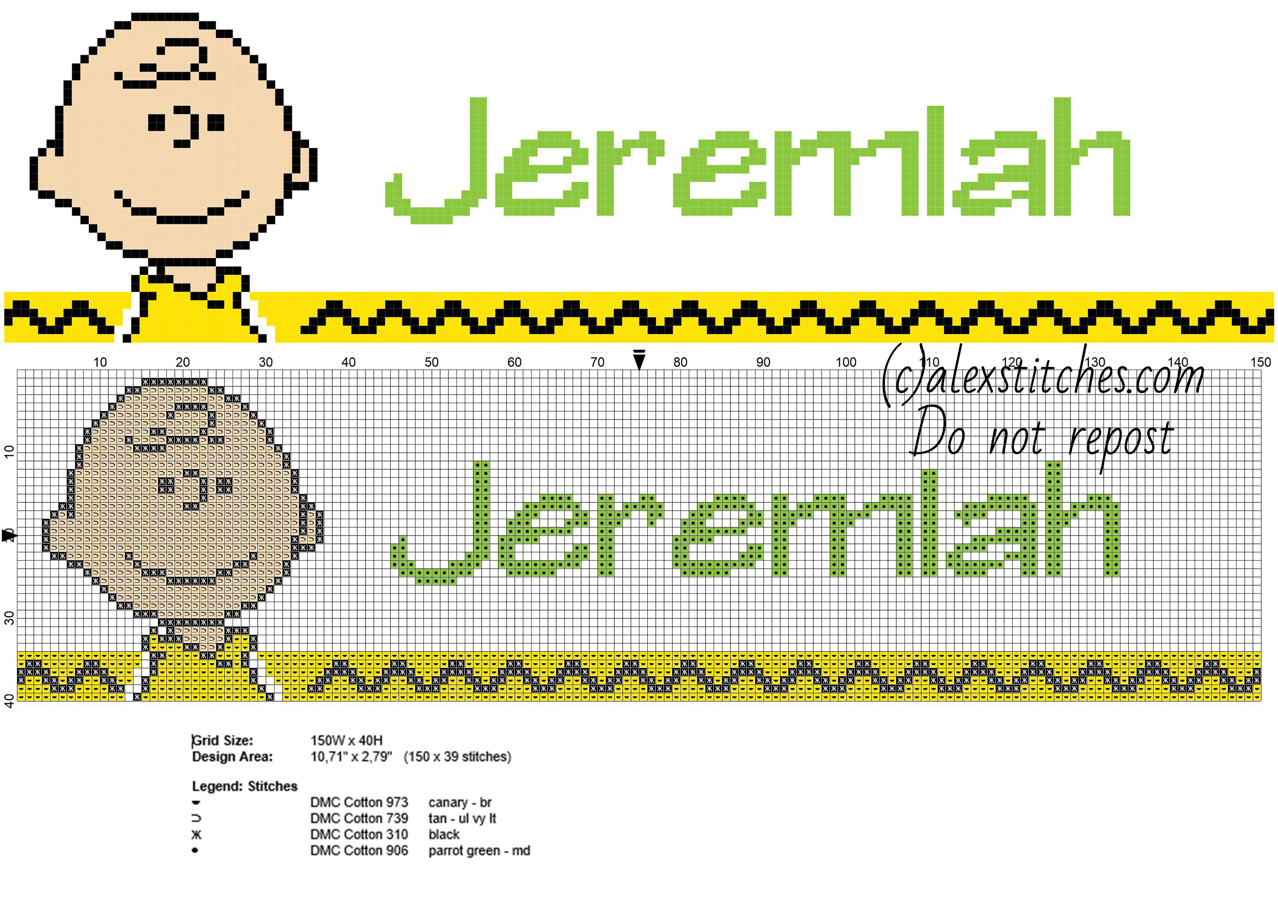 Jeremiah cross stitch baby male name with Peanuts Charlie Brown