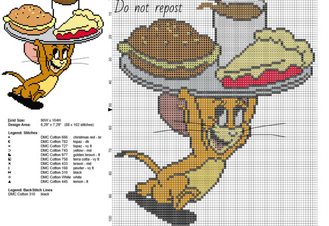 Jerry mouse running with food from Tom and Jerry cartoon free cross stitch pattern