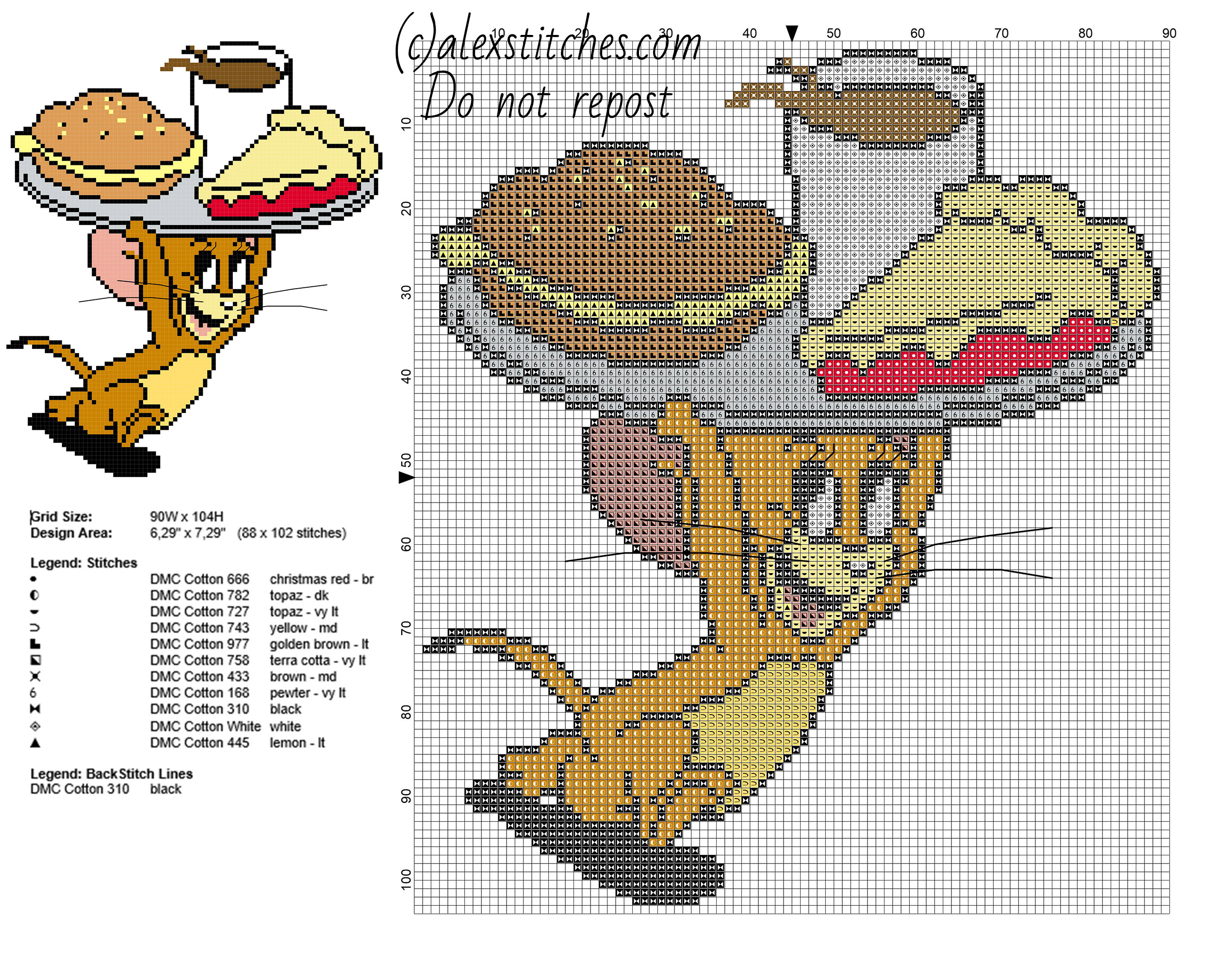 Jerry mouse running with food from Tom and Jerry cartoon free cross stitch pattern