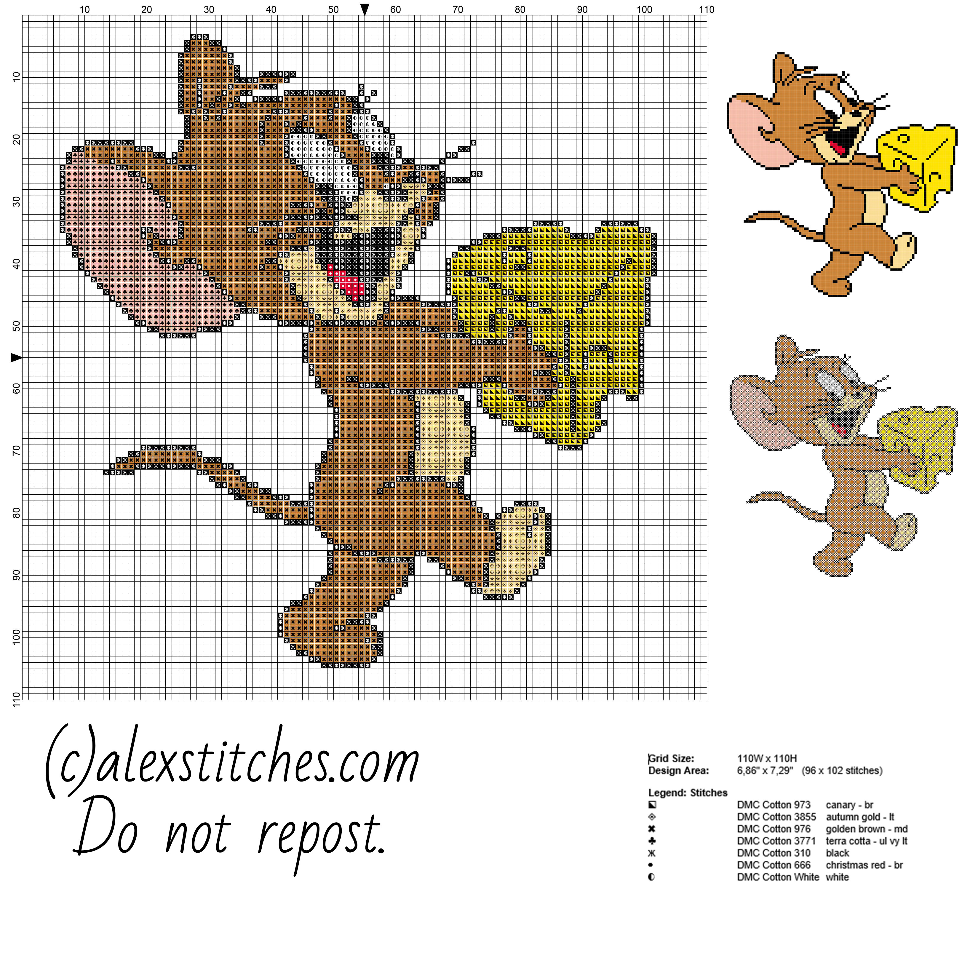 Jerry with cheese character from cartoon Tom and Jerry free cross stitch pattern